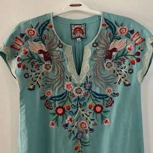 Johnny Was sundress. Beautiful turquoise dress with exquisite embroidery.